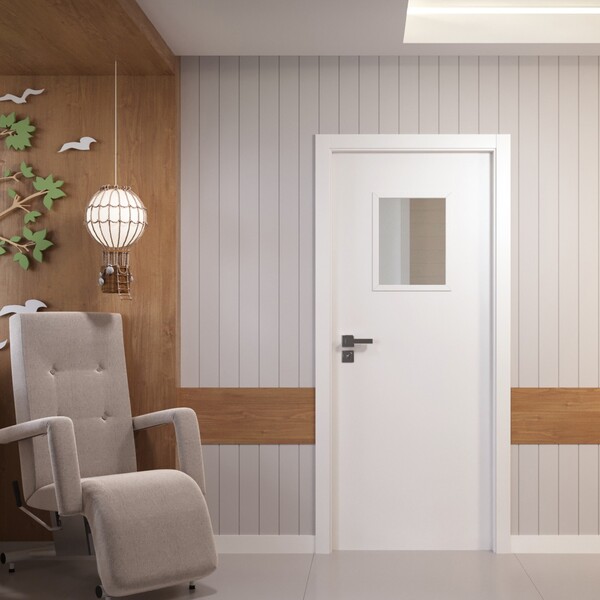 Folha de Porta Madeira Direito|Esquerdo Branco 210x90x3,5cm com Visor Sarrafeada Essenziale Concrem